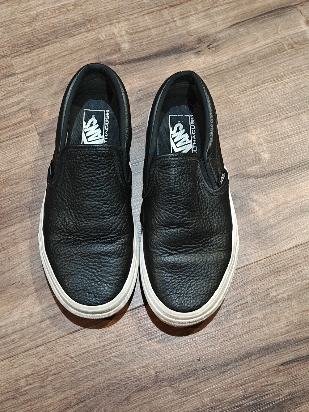 Vans Black Leather Slip-On Sneakers with White Sole